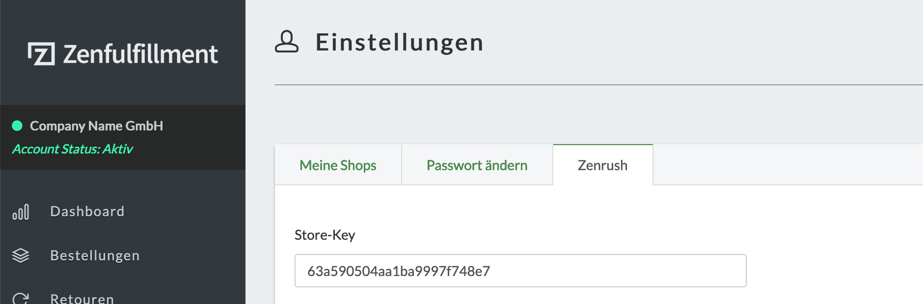 Deinen Store-Key findest du in deinem Zenfulfillment Dashboard unter Account -> Zenrush